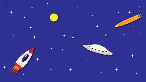 A space background with a moon, a rocket, a flying saucer and a comet on a ba Illustrazione stock