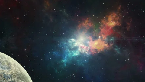 Space background. Planet orbiting in colorful nebula with stars. Elements fur Stock Footage 157366344