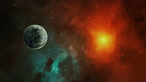 Space background. Planet orbiting in colorful nebula with stars. Elements fur 動画素材 157605230