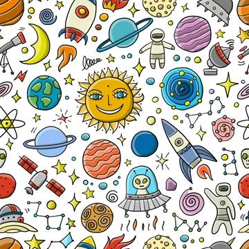 Space Background. Planets of the solar system. Rockets and astronauts. Seamless Stock Illustration