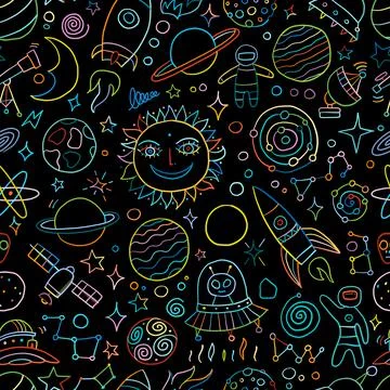 Space Background. Planets of the solar system. Rockets and astronauts. Seamless Stock Illustration