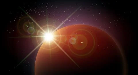 Space background with red planet and rising star Stock Illustration