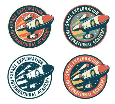 Space badge with flying rocket Stock Illustration