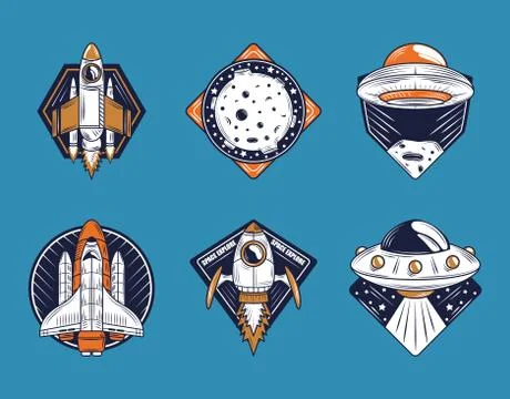Space badge icons collection include spaceship moon ufo on blue background Stock Illustration