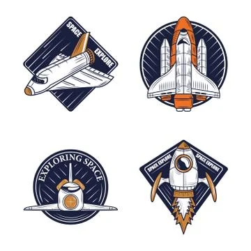 Space badge icons pack different exploring spacecraft Illustrazione stock