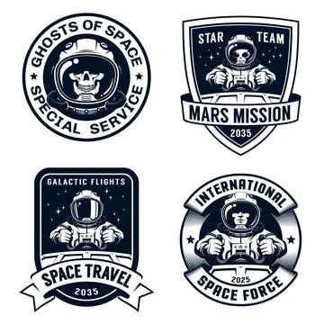 Space badge set with spaceship pilot and alien Stock Illustration