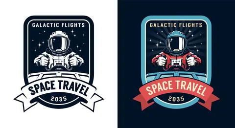 Space badge with spaceship pilot Illustrazione stock
