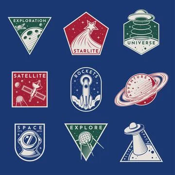 Space badge sticker set. Patch astronaut rocket. Logo kid shirt. Emblem cosmos Stock Illustration