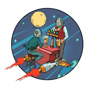 Space bar of draft beer. The bartender pours alcohol into mugs. An astronaut is Stock Illustration