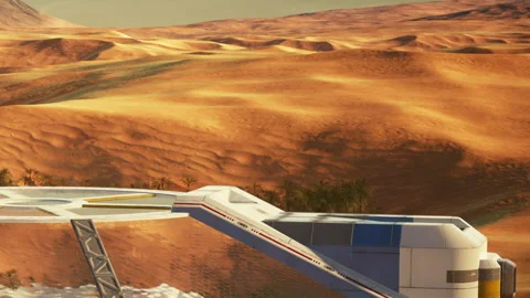 Space base on a distant planet with red sand and hills in the background Stock Footage 344061537