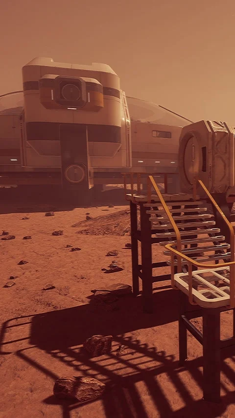 Space base on Mars with landing platform and rocky surface nearby Stock Footage 335355075