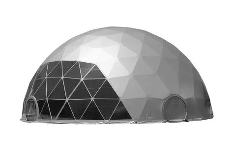 Space base structure, white and dark grey round plastic tent on white background Stock Photos
