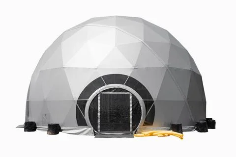 Space base structure, white and dark grey round plastic tent on white background Stock Photos