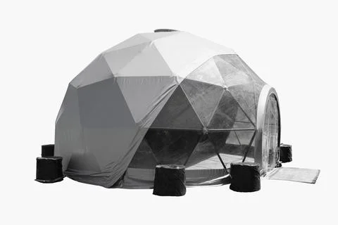 Space base structure, white and dark grey round plastic tent on white background Stock-Fotos