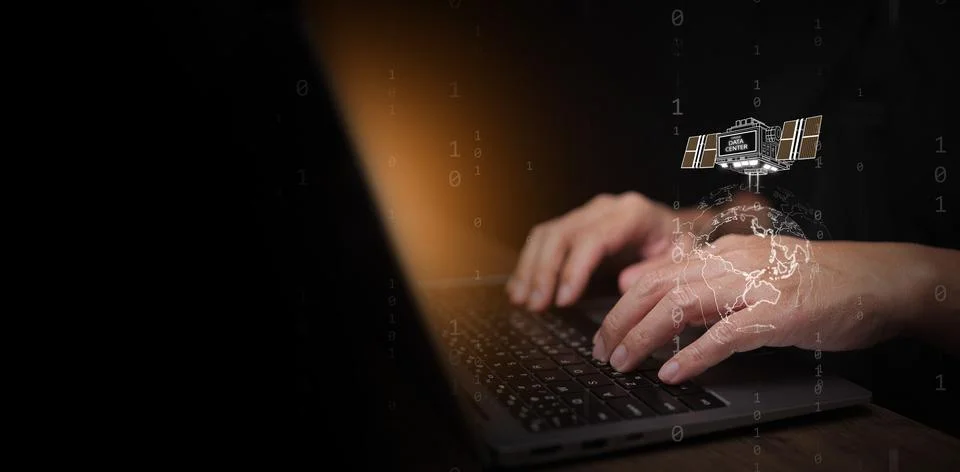 Space based data center concept. Man using laptop with orbital satellite or.. Foto stock