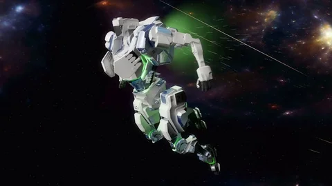 Space battle robot flying at high speed in space. Vidéo 75353264