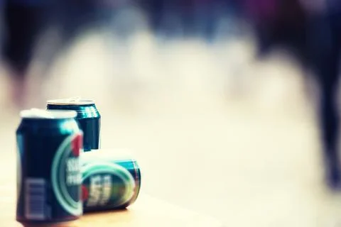 Space, blurred background and cans of beer closeup outdoor at a music festi.. Stock Photos