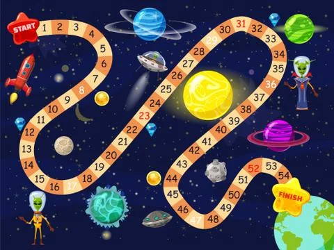 Space board game vector illustration. Rockets UFO and Aliens in space board game Stock Illustration