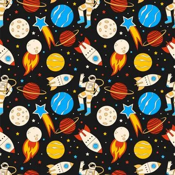 Space boy pattern, astronaut and planets, stars and rocket in zero gravity. C Stock Illustration