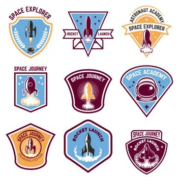 Space camp emblems. Rocket launch, astronaut academy. Design ele Stock Illustration