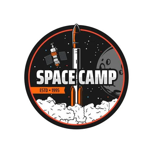 Space camp icon, rocket, satellite, Moon, stars イラスト素材