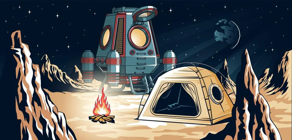 Space Camping on Alien Planet -Vector Illustration of Tent, Fire, and Rocket Stock Illustration