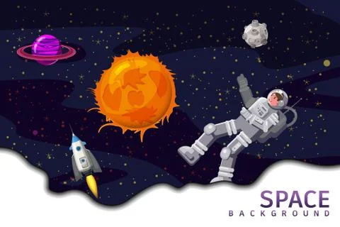 Space card background with spaceman, rocket, sun, planets, stars. Austronaut Stock Illustration