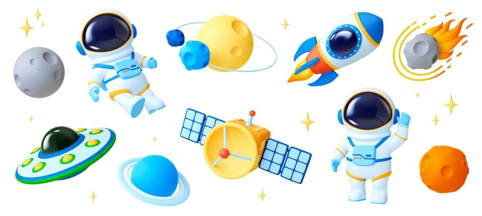 Space cartoon 3d elements. Ufo ship, rocket and astronaut character in suit Illustrazione stock