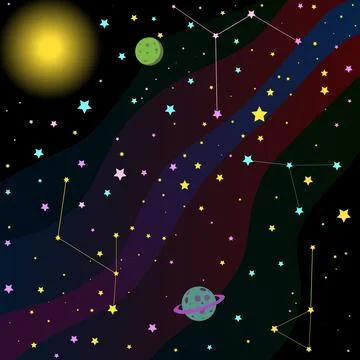 Space cartoon background with colored lines, stars and constellations of the Stock Illustration
