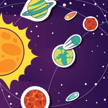 Space cartoon background with objects, comets, stars, sun and planets vector イラスト素材