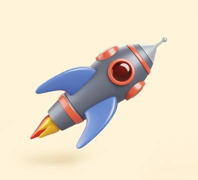 Space cartoon spaceship launch with thrust flame. Color rocket, ship with engine Stock Illustration