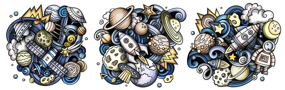 Space cartoon vector doodle designs set. Stock Illustration