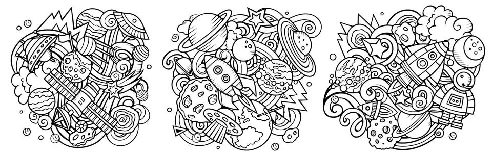 Space cartoon vector doodle designs set. Stock Illustration