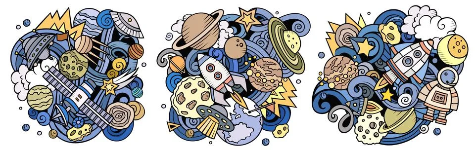 Space cartoon vector doodle designs set. Stock Illustration