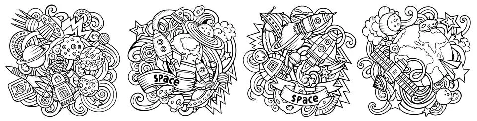 Space cartoon vector doodle designs set. Stock Illustration