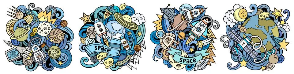 Space cartoon vector doodle designs set. Stock Illustration