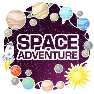 Space cartoon vector illustration with different universe elements planets, s Stock Illustration