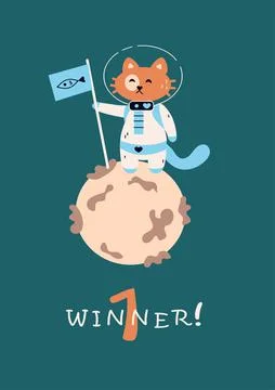 Space cat. Cute kitty in spacesuit. Funny animal with flag. Childish astronaut Stock Illustration