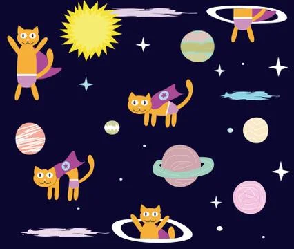 Space Cat Hero. Collection a flying cat in space, planets, rocket, stars. Stock Illustration