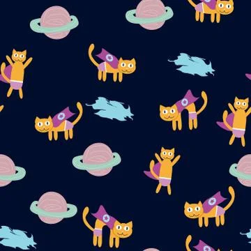Space Cat Hero. Pattern with a flying cat in space, planets, rocket, stars. Stock Illustration