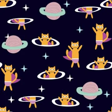 Space Cat Hero. Pattern with a flying cat in space, planets, rocket, stars. Stock Illustration