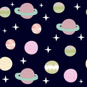 Space Cat Hero. Pattern with a flying cat in space, planets, rocket, stars. Stock Illustration