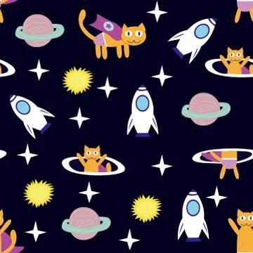 Space Cat Hero. Pattern with a flying cat in space, planets, rocket, stars. Stock Illustration