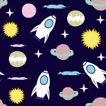 Space Cat Hero. Pattern with a flying cat in space, planets, rocket, stars. Stock Illustration