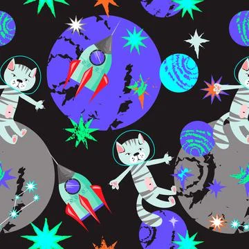 Space childish seamless pattern design with cute cat astronaut flying among p Stock Illustration