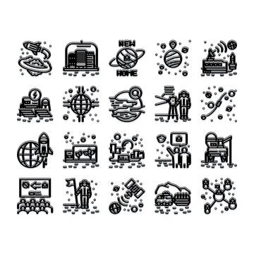 Space colonization exploration science future technology icon set Stock Illustration