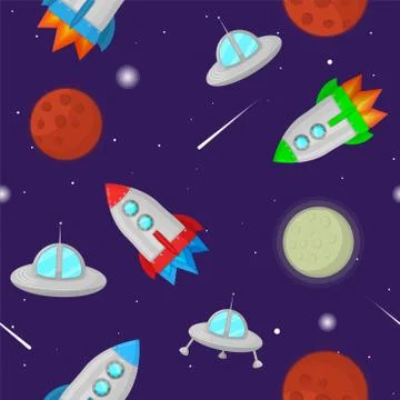 Space colorful vector seamless pattern with planets, stars, rockets and flying Illustrazione stock