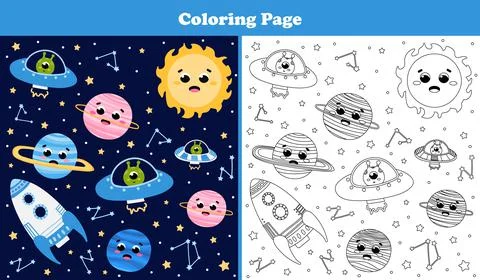 Space coloring game with cute planets and sun, alien spaceships and flying ro Stock Illustration