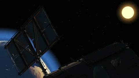 A space communications satellite flies over the earth. Stock Footage 166910507