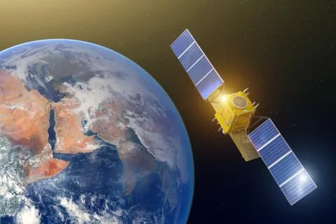 Space communications satellite in high orbit earth. Elements of this image fu Stockfoto's